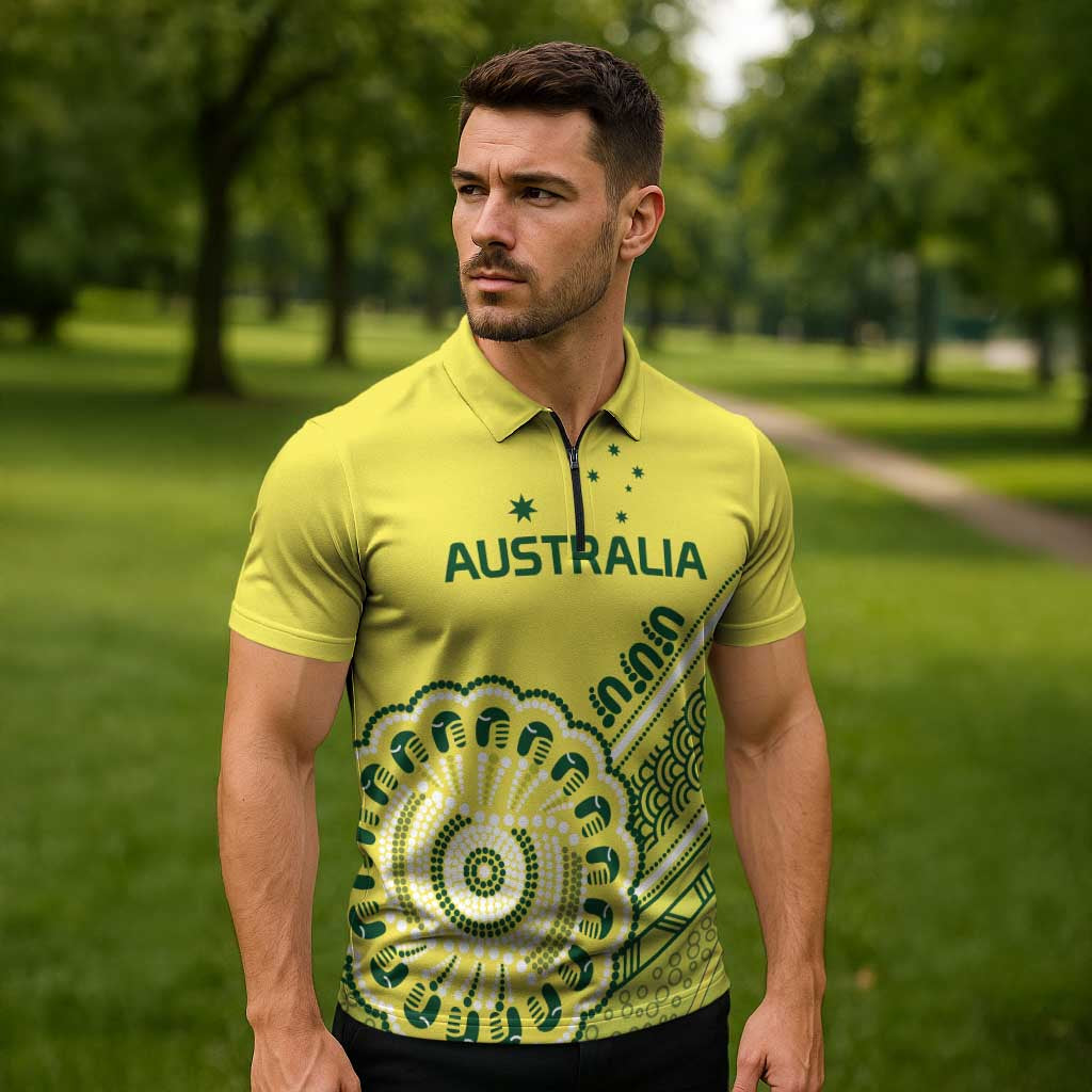 Custom Cricket Aussie Pride Zipper Polo Shirt Aboriginal Dot Art Cricket - Aussie Hoodie