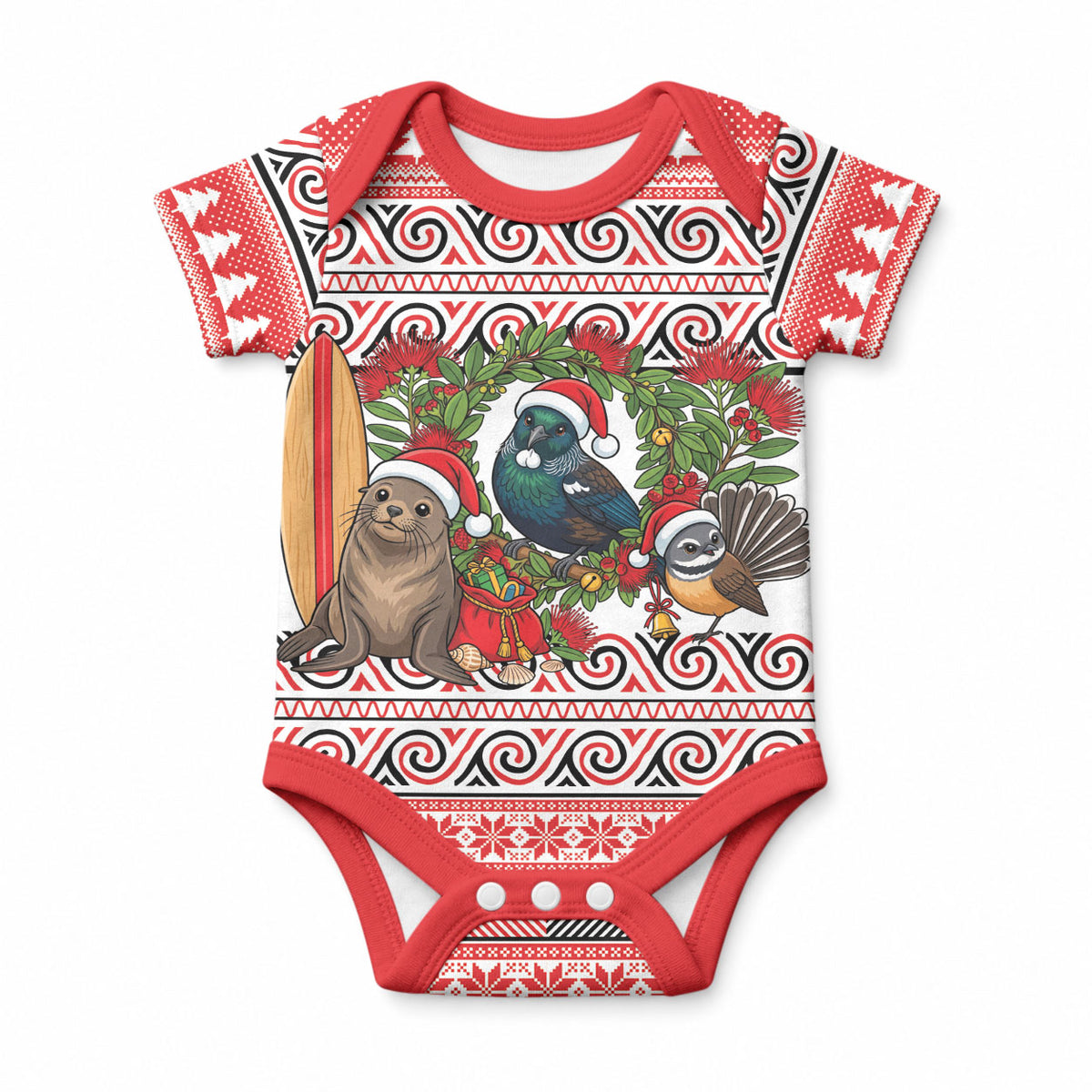 New Zealand Animal Christmas Baby Onesie Maori Inspired Kowhaiwhai Patterns