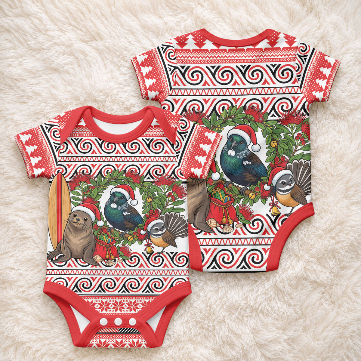 New Zealand Animal Christmas Baby Onesie Maori Inspired Kowhaiwhai Patterns