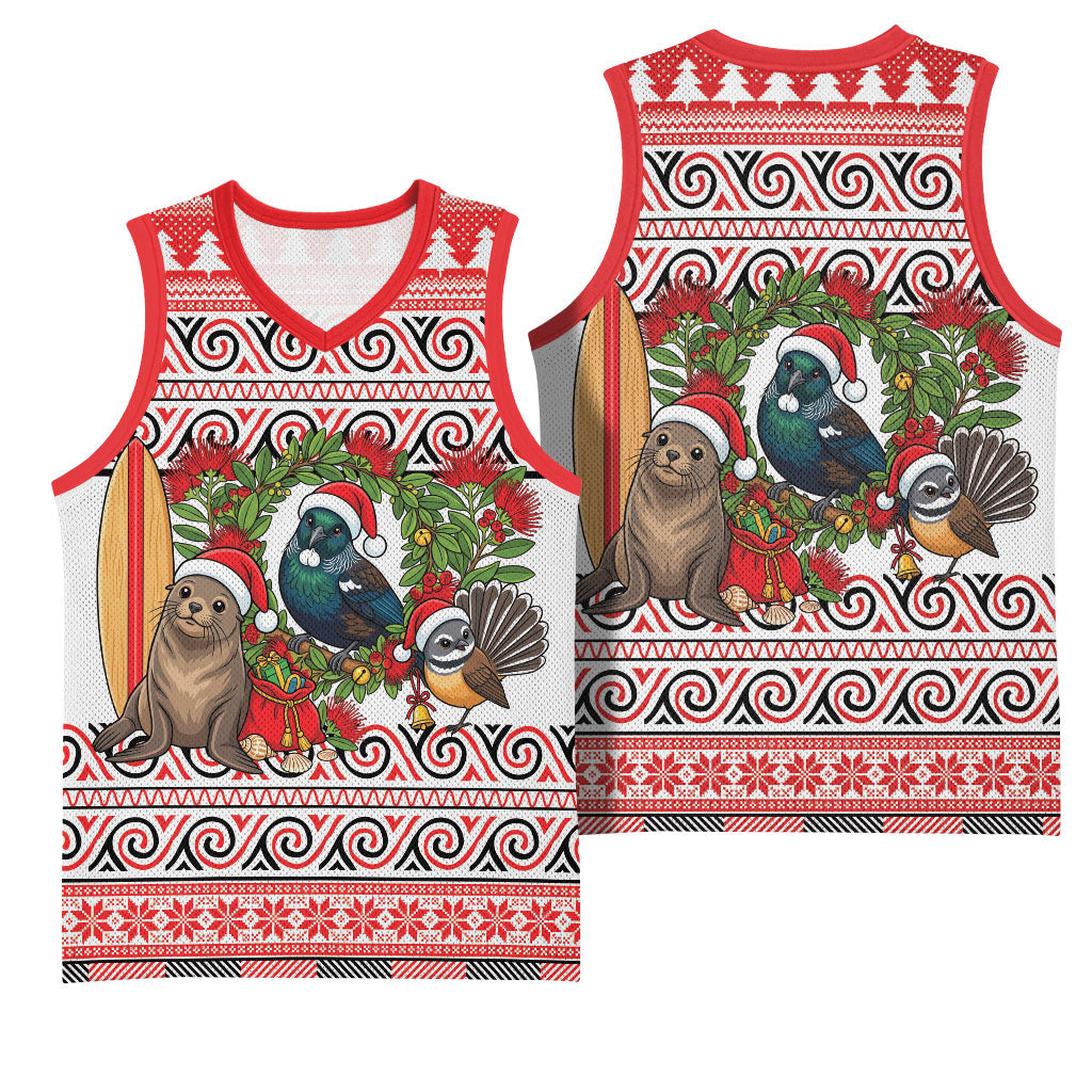 New Zealand Animal Christmas Basketball Jersey Maori Inspired Kowhaiwhai Patterns