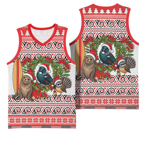 New Zealand Animal Christmas Basketball Jersey Maori Inspired Kowhaiwhai Patterns