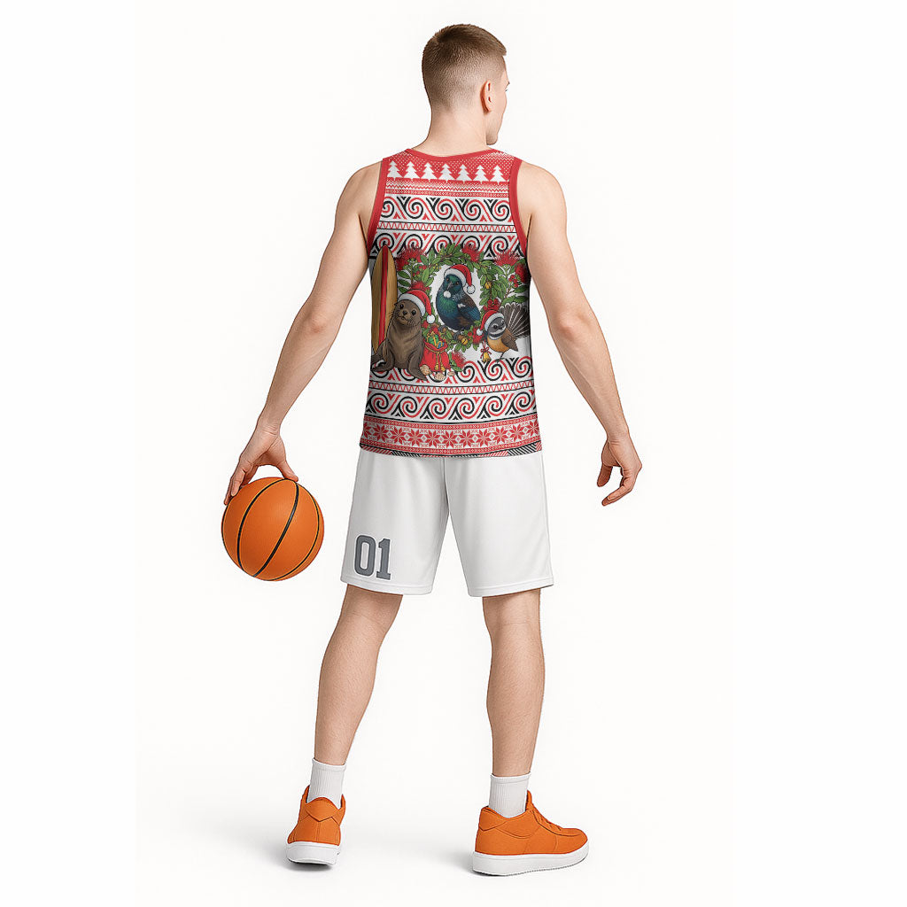 New Zealand Animal Christmas Basketball Jersey Maori Inspired Kowhaiwhai Patterns