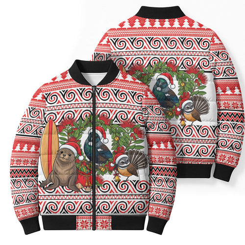 New Zealand Animal Christmas Bomber Puffer Jacket Maori Inspired Kowhaiwhai Patterns