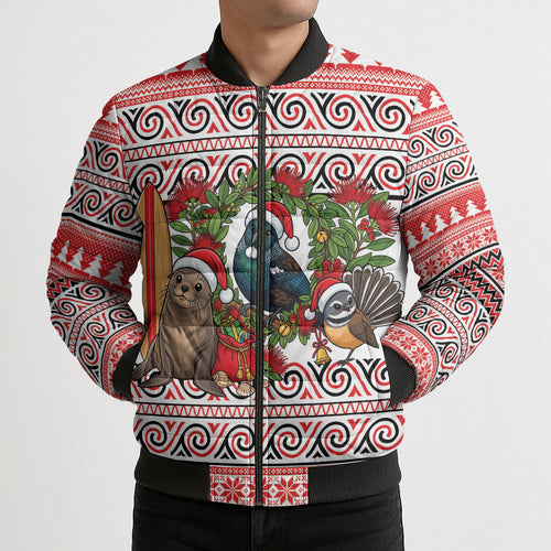 New Zealand Animal Christmas Bomber Puffer Jacket Maori Inspired Kowhaiwhai Patterns