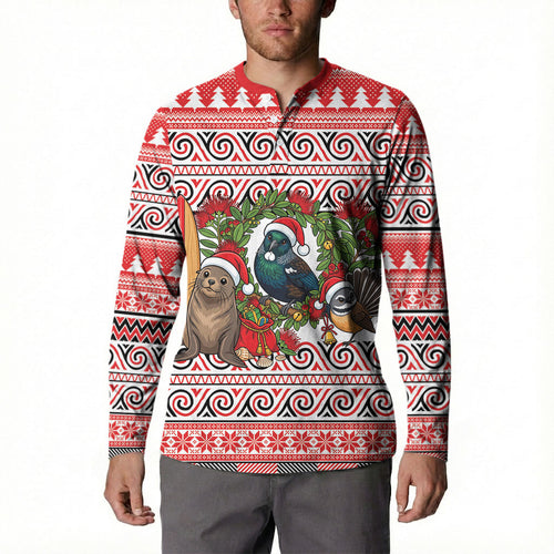 New Zealand Animal Christmas Button Sweatshirt Maori Inspired Kowhaiwhai Patterns