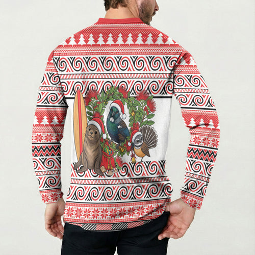 New Zealand Animal Christmas Button Sweatshirt Maori Inspired Kowhaiwhai Patterns