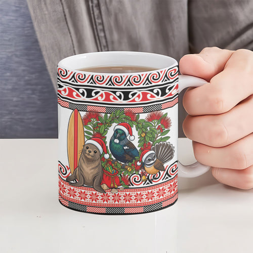 New Zealand Animal Christmas Ceramic Mug Maori Inspired Kowhaiwhai Patterns