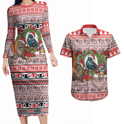 New Zealand Animal Christmas Couples Matching Long Sleeve Bodycon Dress and Hawaiian Shirt Maori Inspired Kowhaiwhai Patterns
