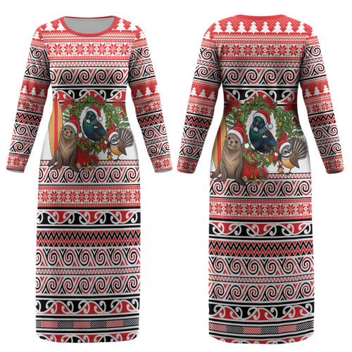 New Zealand Animal Christmas Couples Matching Long Sleeve Bodycon Dress and Hawaiian Shirt Maori Inspired Kowhaiwhai Patterns