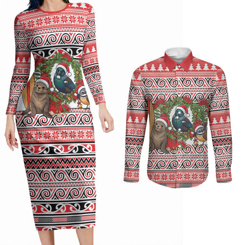 New Zealand Animal Christmas Couples Matching Long Sleeve Bodycon Dress and Long Sleeve Button Shirt Maori Inspired Kowhaiwhai Patterns