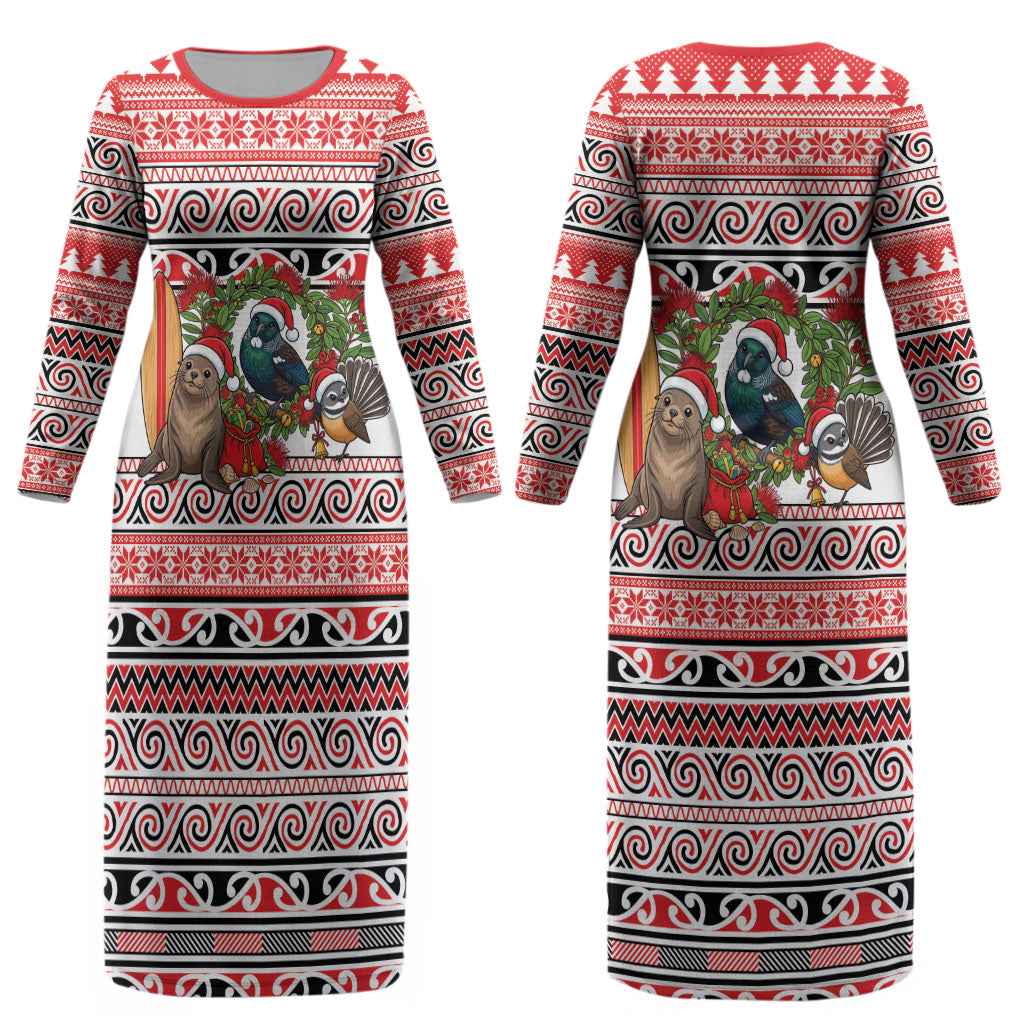 New Zealand Animal Christmas Couples Matching Long Sleeve Bodycon Dress and Long Sleeve Button Shirt Maori Inspired Kowhaiwhai Patterns