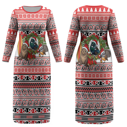 New Zealand Animal Christmas Couples Matching Long Sleeve Bodycon Dress and Long Sleeve Button Shirt Maori Inspired Kowhaiwhai Patterns