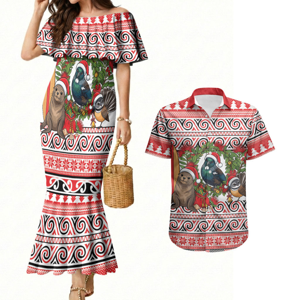 New Zealand Animal Christmas Couples Matching Mermaid Dress and Hawaiian Shirt Maori Inspired Kowhaiwhai Patterns