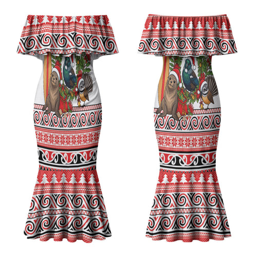 New Zealand Animal Christmas Couples Matching Mermaid Dress and Hawaiian Shirt Maori Inspired Kowhaiwhai Patterns
