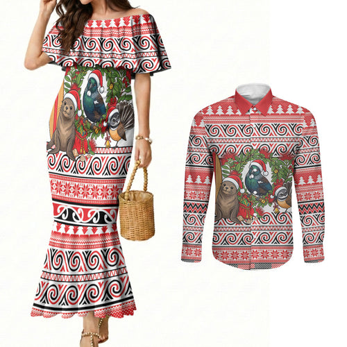 New Zealand Animal Christmas Couples Matching Mermaid Dress and Long Sleeve Button Shirt Maori Inspired Kowhaiwhai Patterns