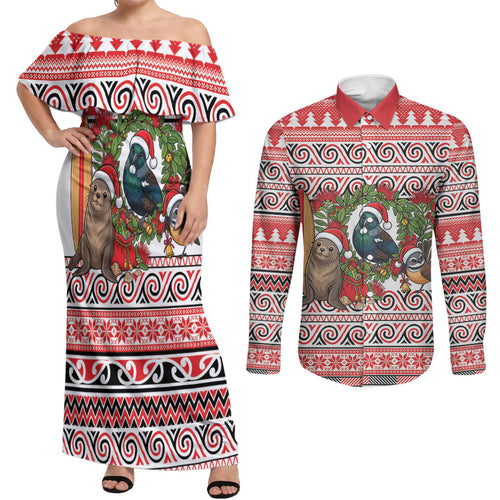 New Zealand Animal Christmas Couples Matching Off Shoulder Maxi Dress and Long Sleeve Button Shirt Maori Inspired Kowhaiwhai Patterns