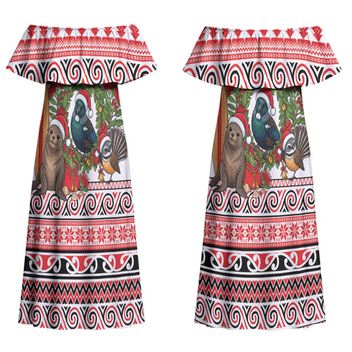 New Zealand Animal Christmas Couples Matching Off Shoulder Maxi Dress and Long Sleeve Button Shirt Maori Inspired Kowhaiwhai Patterns
