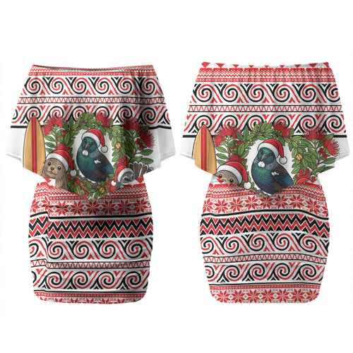 New Zealand Animal Christmas Couples Matching Off Shoulder Short Dress and Hawaiian Shirt Maori Inspired Kowhaiwhai Patterns
