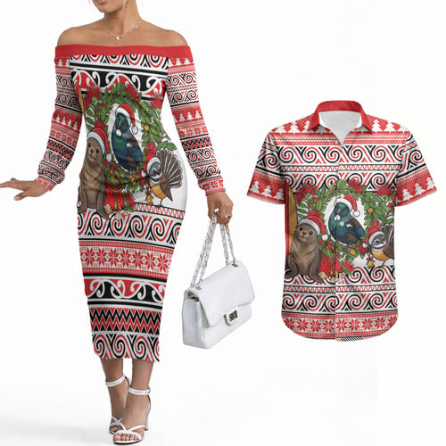 New Zealand Animal Christmas Couples Matching Off The Shoulder Long Sleeve Dress and Hawaiian Shirt Maori Inspired Kowhaiwhai Patterns