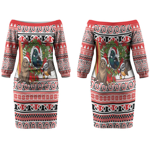 New Zealand Animal Christmas Couples Matching Off The Shoulder Long Sleeve Dress and Hawaiian Shirt Maori Inspired Kowhaiwhai Patterns