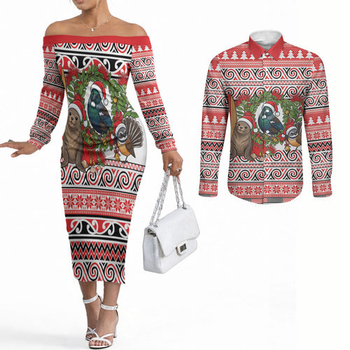 New Zealand Animal Christmas Couples Matching Off The Shoulder Long Sleeve Dress and Long Sleeve Button Shirt Maori Inspired Kowhaiwhai Patterns