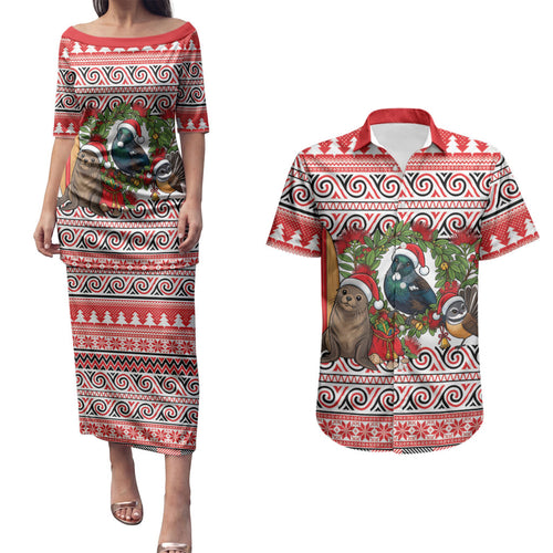New Zealand Animal Christmas Couples Matching Puletasi and Hawaiian Shirt Maori Inspired Kowhaiwhai Patterns