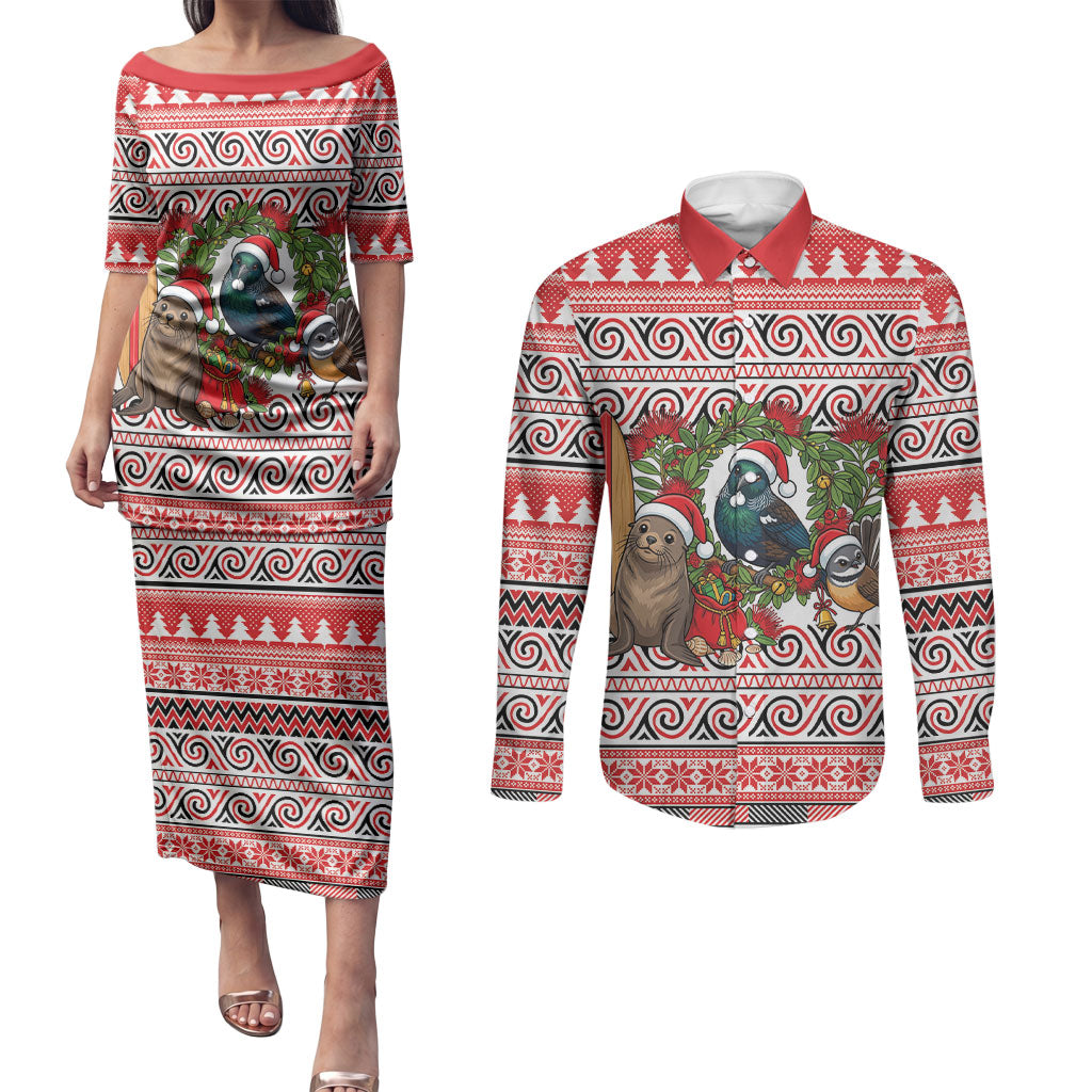 New Zealand Animal Christmas Couples Matching Puletasi and Long Sleeve Button Shirt Maori Inspired Kowhaiwhai Patterns