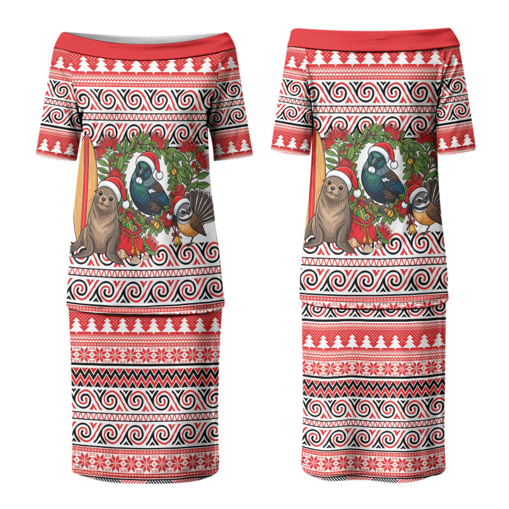 New Zealand Animal Christmas Couples Matching Puletasi and Long Sleeve Button Shirt Maori Inspired Kowhaiwhai Patterns