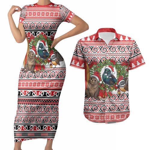 New Zealand Animal Christmas Couples Matching Short Sleeve Bodycon Dress and Hawaiian Shirt Maori Inspired Kowhaiwhai Patterns