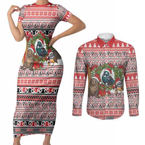 New Zealand Animal Christmas Couples Matching Short Sleeve Bodycon Dress and Long Sleeve Button Shirt Maori Inspired Kowhaiwhai Patterns