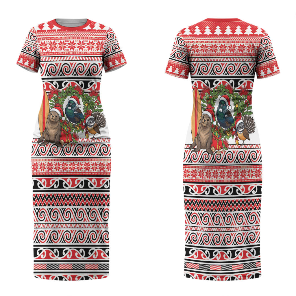 New Zealand Animal Christmas Couples Matching Short Sleeve Bodycon Dress and Long Sleeve Button Shirt Maori Inspired Kowhaiwhai Patterns