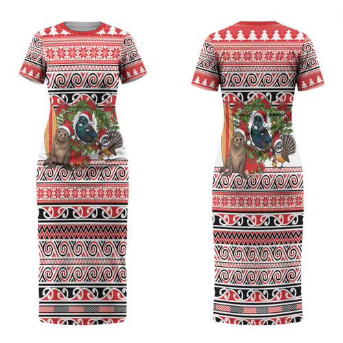 New Zealand Animal Christmas Couples Matching Short Sleeve Bodycon Dress and Long Sleeve Button Shirt Maori Inspired Kowhaiwhai Patterns