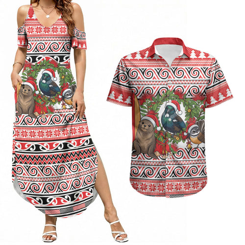 New Zealand Animal Christmas Couples Matching Summer Maxi Dress and Hawaiian Shirt Maori Inspired Kowhaiwhai Patterns