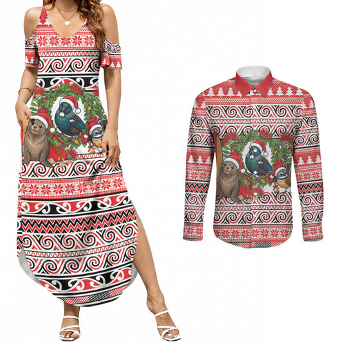 New Zealand Animal Christmas Couples Matching Summer Maxi Dress and Long Sleeve Button Shirt Maori Inspired Kowhaiwhai Patterns