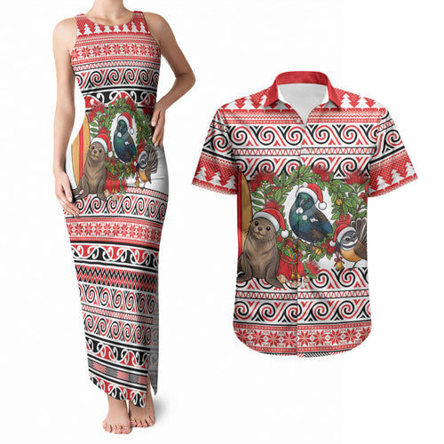 New Zealand Animal Christmas Couples Matching Tank Maxi Dress and Hawaiian Shirt Maori Inspired Kowhaiwhai Patterns