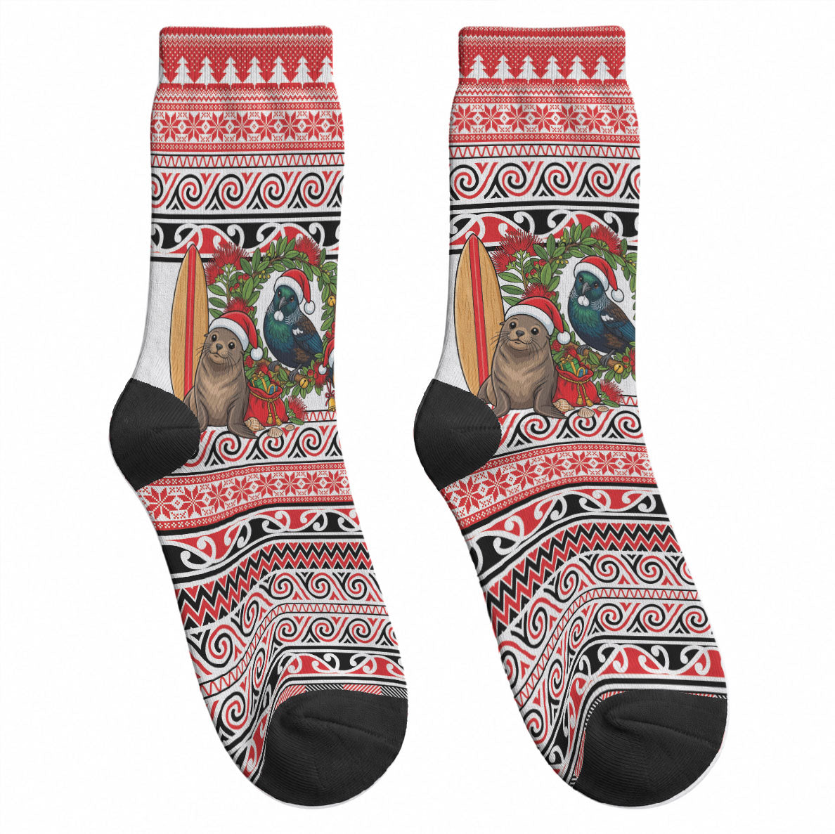 New Zealand Animal Christmas Crew Socks Maori Inspired Kowhaiwhai Patterns
