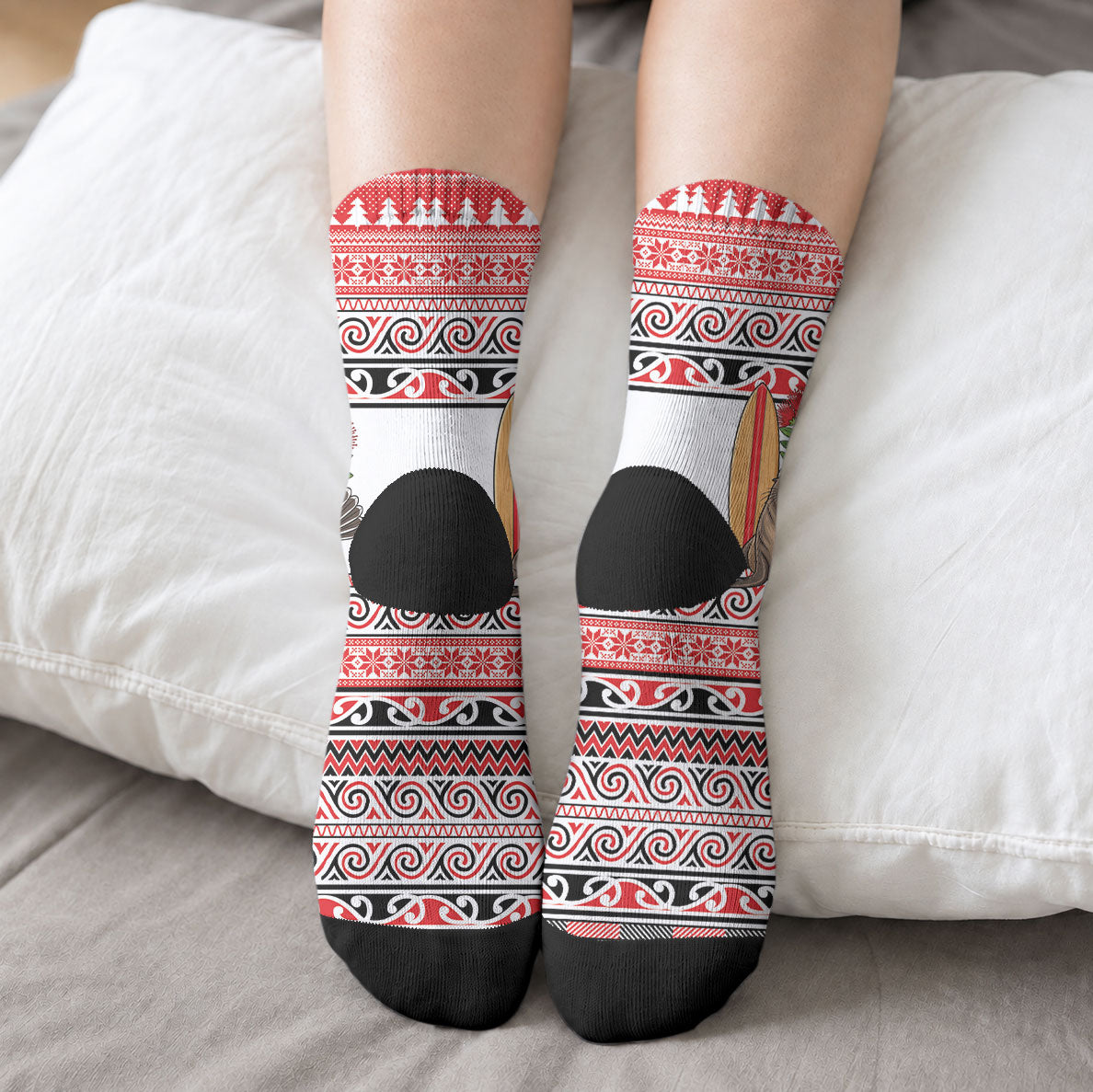New Zealand Animal Christmas Crew Socks Maori Inspired Kowhaiwhai Patterns