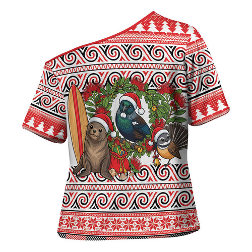 New Zealand Animal Christmas Cross Shoulder Shirt Maori Inspired Kowhaiwhai Patterns