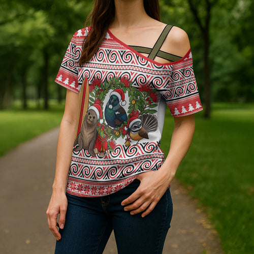New Zealand Animal Christmas Cross Shoulder Shirt Maori Inspired Kowhaiwhai Patterns