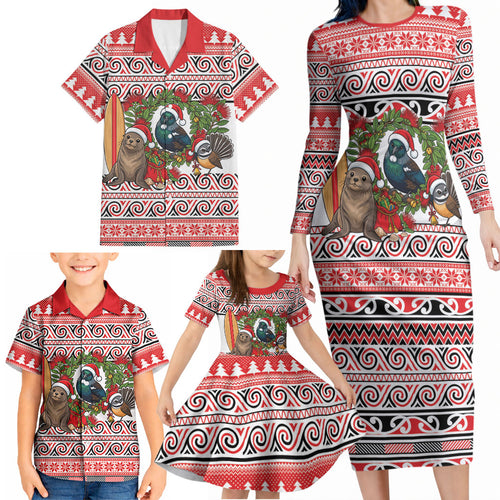 New Zealand Animal Christmas Family Matching Long Sleeve Bodycon Dress and Hawaiian Shirt Maori Inspired Kowhaiwhai Patterns