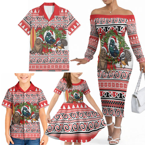 New Zealand Animal Christmas Family Matching Off The Shoulder Long Sleeve Dress and Hawaiian Shirt Maori Inspired Kowhaiwhai Patterns