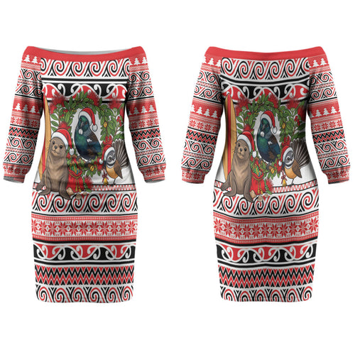 New Zealand Animal Christmas Family Matching Off The Shoulder Long Sleeve Dress and Hawaiian Shirt Maori Inspired Kowhaiwhai Patterns
