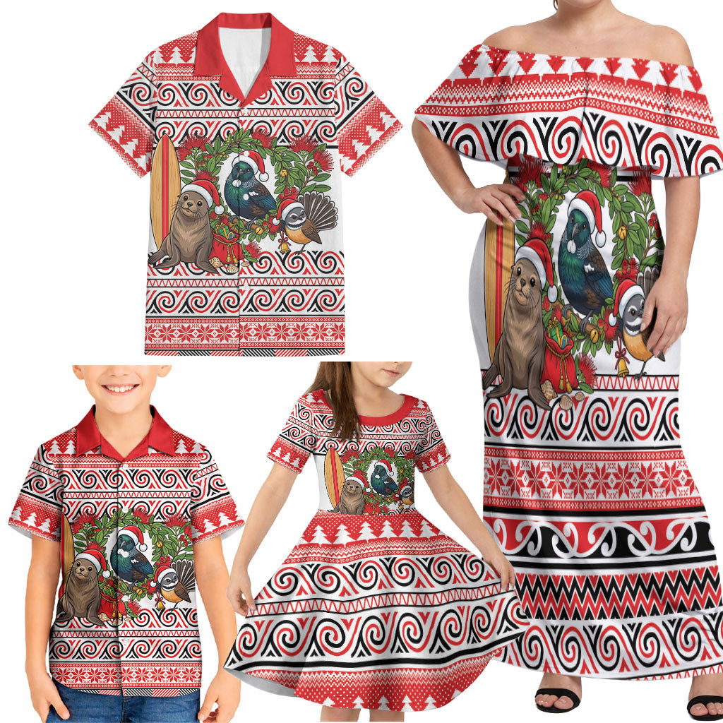 New Zealand Animal Christmas Family Matching Off Shoulder Maxi Dress and Hawaiian Shirt Maori Inspired Kowhaiwhai Patterns