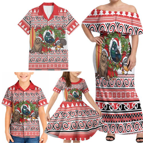 New Zealand Animal Christmas Family Matching Off Shoulder Maxi Dress and Hawaiian Shirt Maori Inspired Kowhaiwhai Patterns