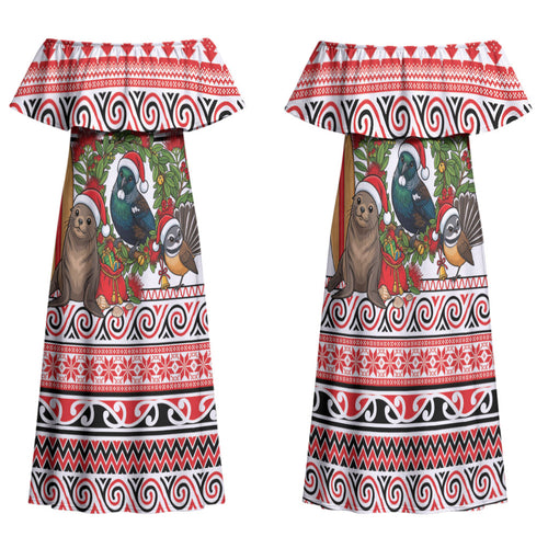 New Zealand Animal Christmas Family Matching Off Shoulder Maxi Dress and Hawaiian Shirt Maori Inspired Kowhaiwhai Patterns