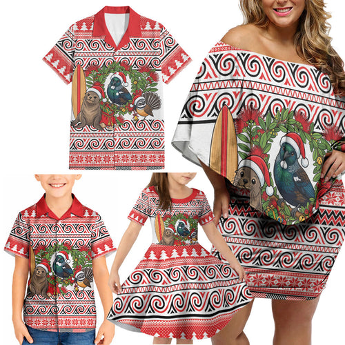 New Zealand Animal Christmas Family Matching Off Shoulder Short Dress and Hawaiian Shirt Maori Inspired Kowhaiwhai Patterns