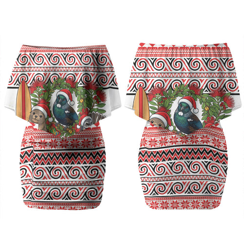 New Zealand Animal Christmas Family Matching Off Shoulder Short Dress and Hawaiian Shirt Maori Inspired Kowhaiwhai Patterns