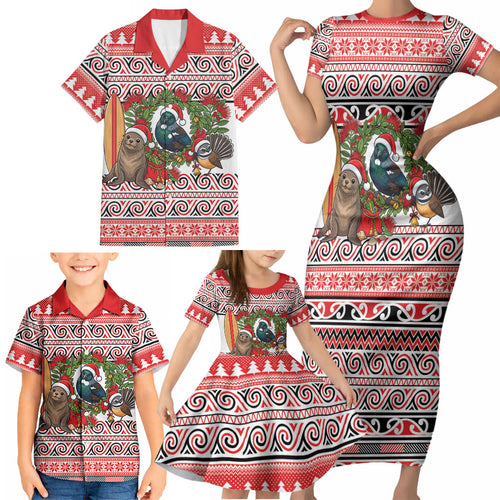 New Zealand Animal Christmas Family Matching Short Sleeve Bodycon Dress and Hawaiian Shirt Maori Inspired Kowhaiwhai Patterns