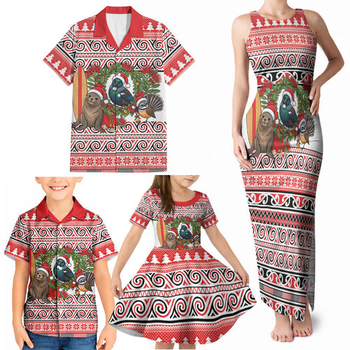 New Zealand Animal Christmas Family Matching Tank Maxi Dress and Hawaiian Shirt Maori Inspired Kowhaiwhai Patterns