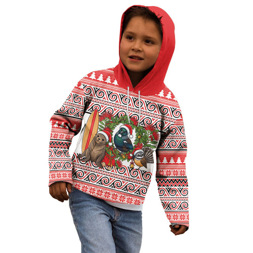 New Zealand Animal Christmas Kid Hoodie Maori Inspired Kowhaiwhai Patterns